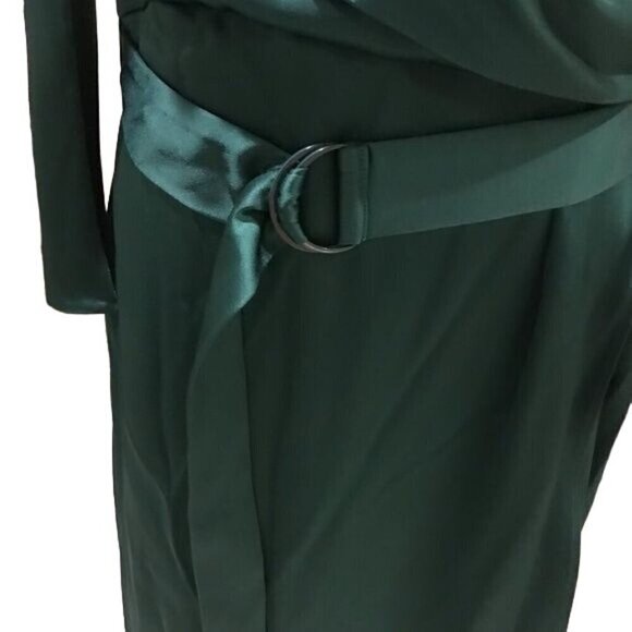 Sally Lapointe Dress 18 Green Cowl Neck Drape Luxury Old Money Belted Satin - Picture 6 of 16